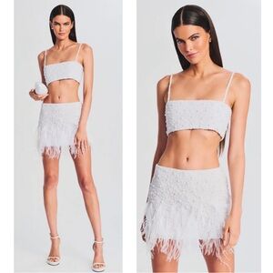 RETROFETE Valli Nikos Pearl Embellished Feather Hem Mini Skirt Top Set Size M